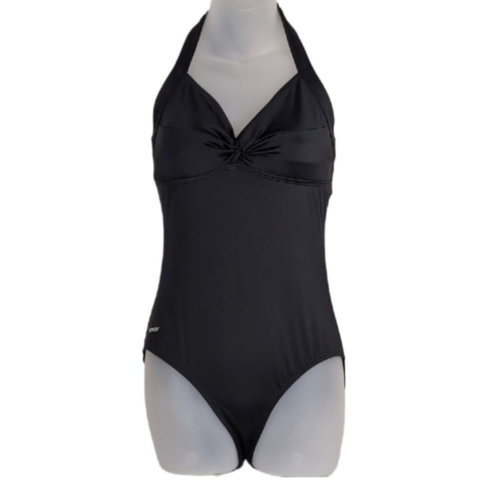 Speedo One Piece Swimsuit Womens Size 8 Black Retro Halter Vneck Solid Sporty